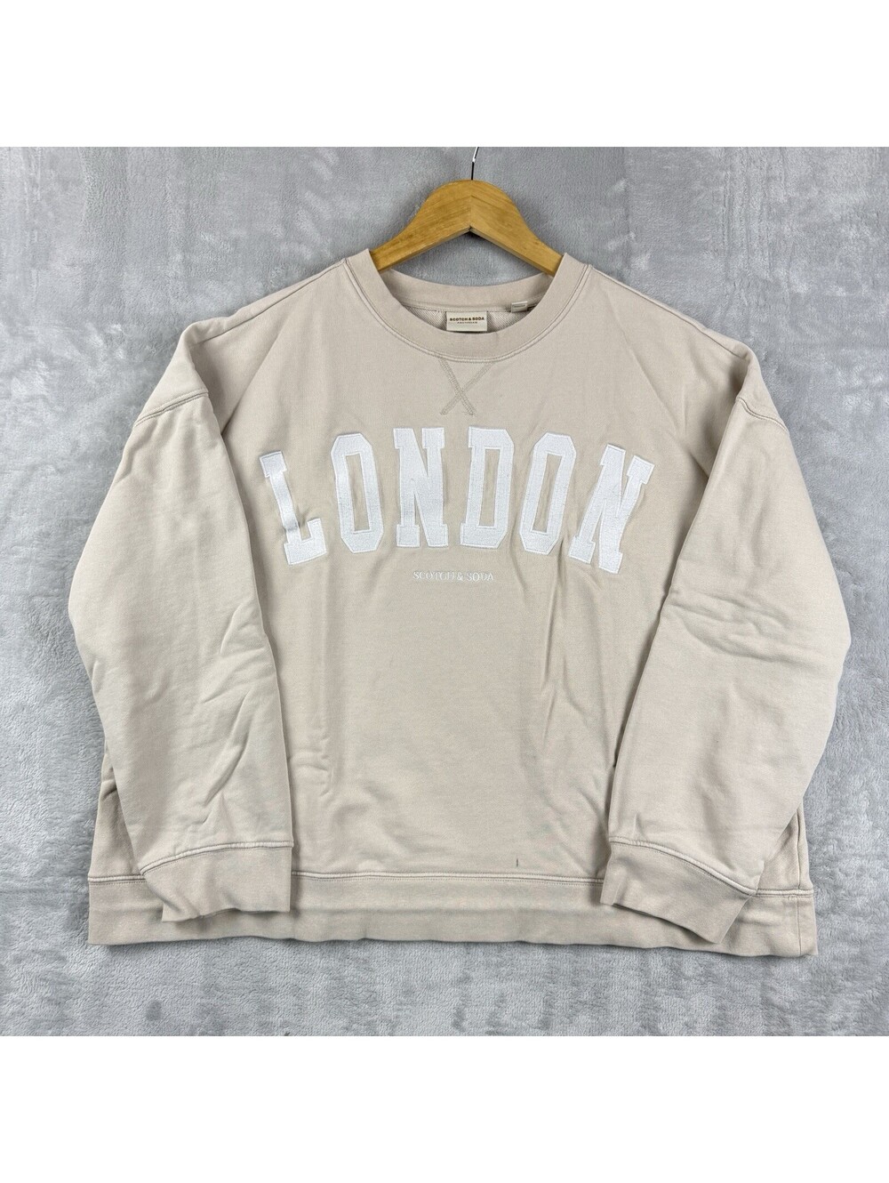 Scotch & Soda Women XL Beige London Appliqué Logo Crewneck Sweatshirt Cropped